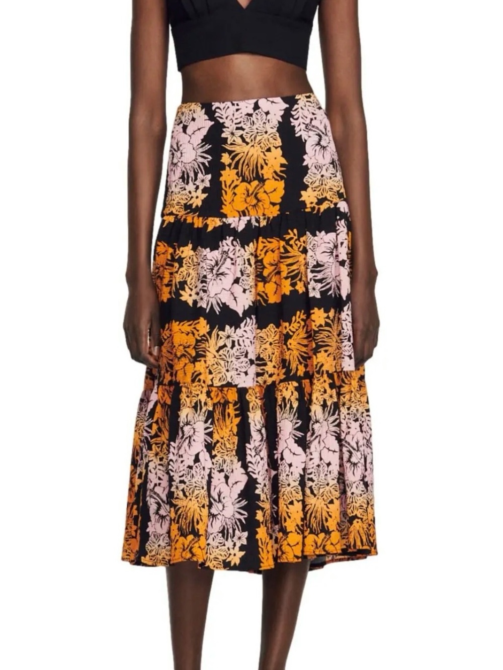 Sandro Black Midi Skirt with Orange & Pink Floral Print